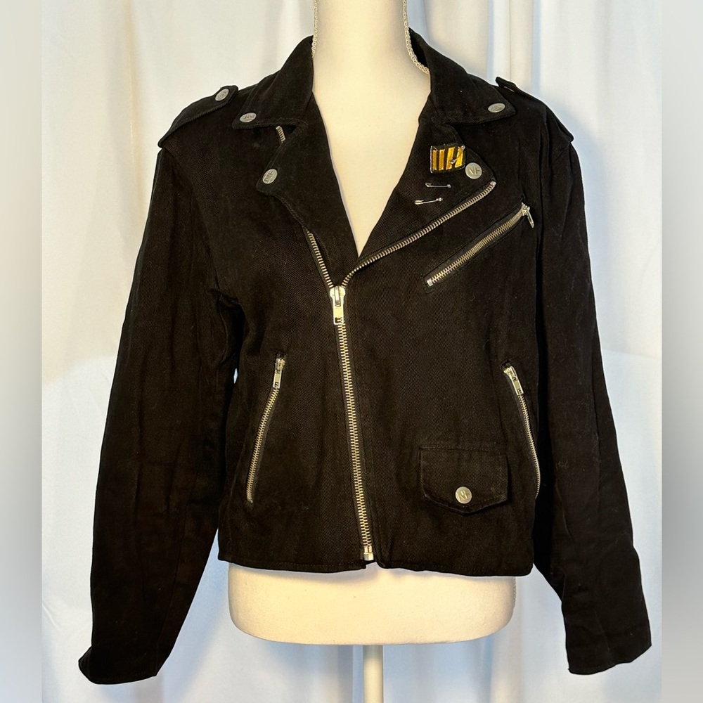 No Future Black Denim Motorcycle Jacket. Size Small.